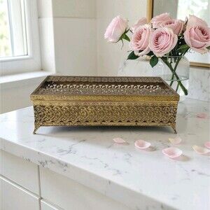 Vtg Gold Tone Metal Filigree Roses Tissue Box Holder Hollywood Regency MCM